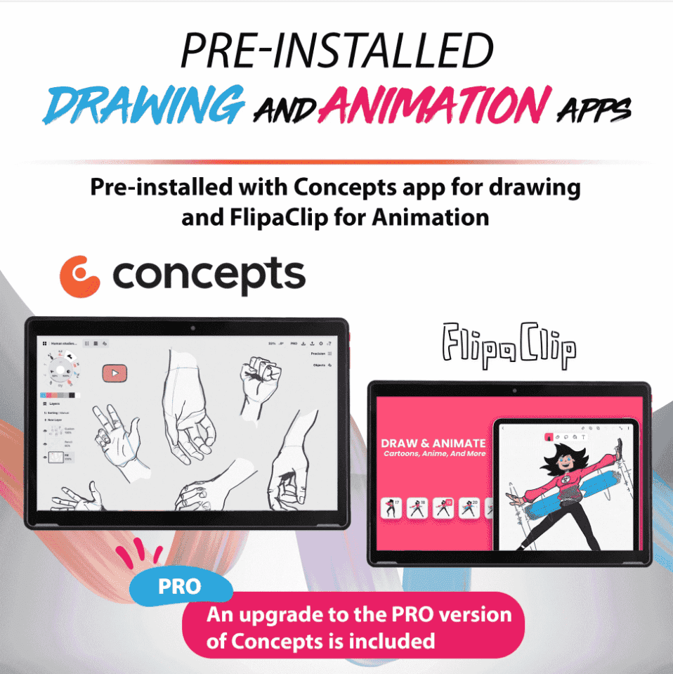 Pre installed drawing and animation apps with PRO version on PicassoTab XL